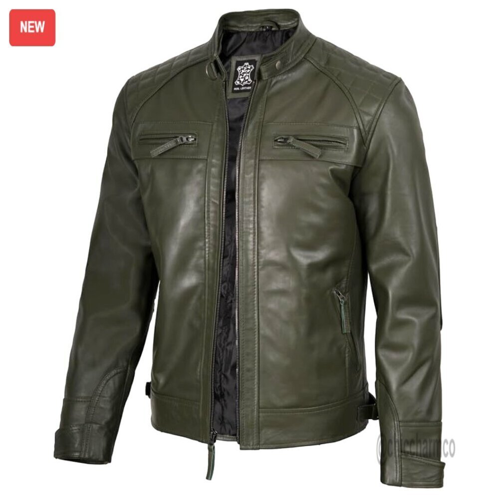 Men's Quilted Lambskin Leather Jacket Cafe Racer Snap Collar